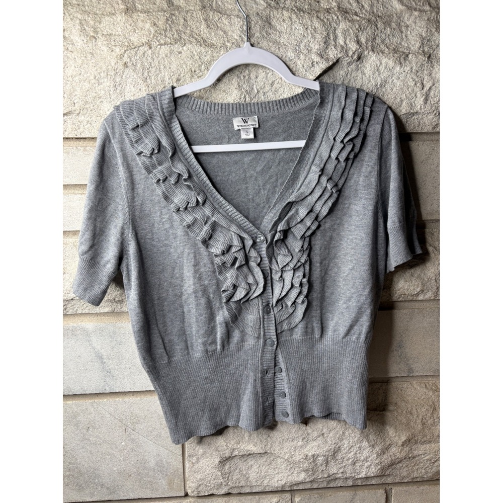 Worthington Womens Gray Ruffle V-Neck Short Sleeve Button Front Cardigan Large